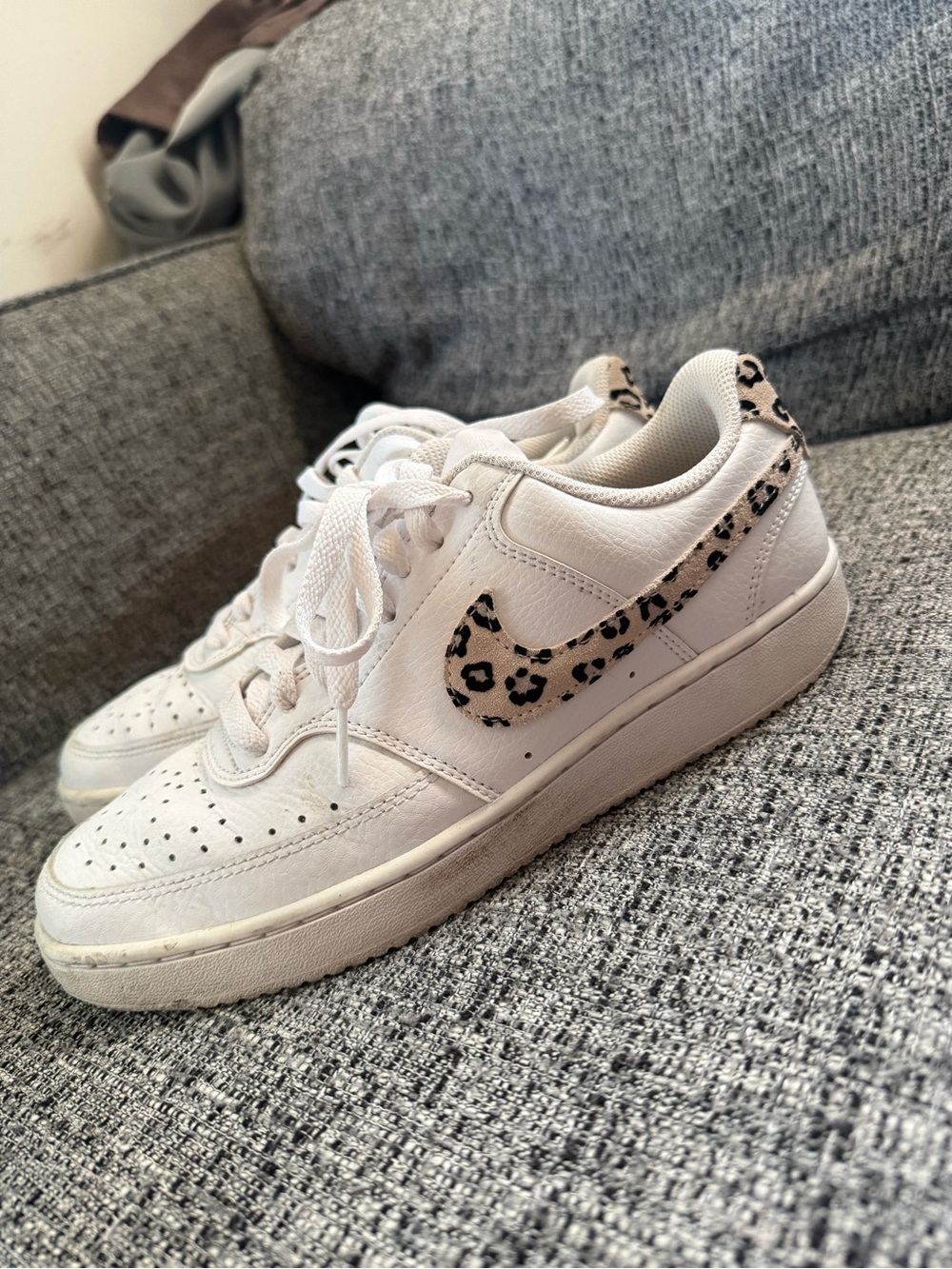 Nike White Low-Top Sneakers with Leopard Print Swoosh